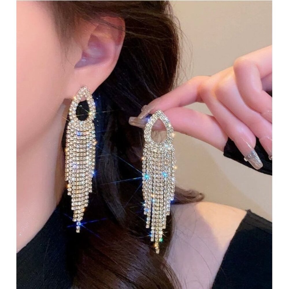 Gold Sparkling Diamond Long Tassel Earrings